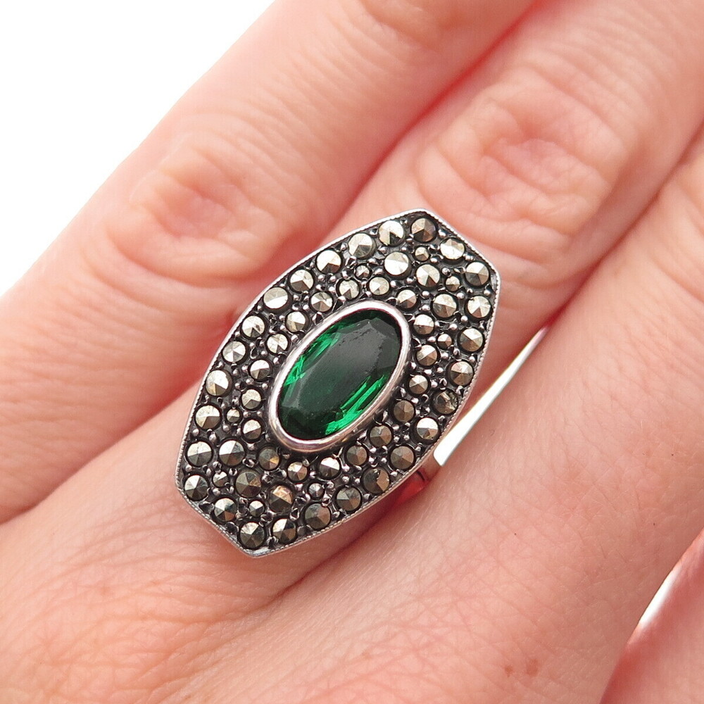 925 Sterling Antique Art Deco Germany Real Marcasite & Rhinestone Ring Size 5